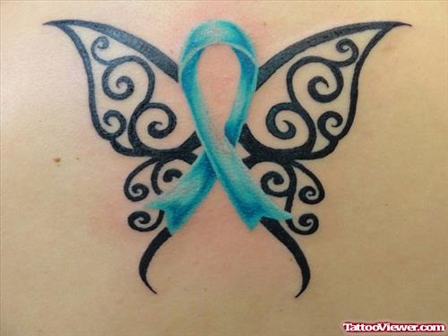 Tribal Butterfly With Blue Ribbon Cancer Tattoo