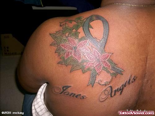Red Flowers Ribbon And Jones Angels Cancer Tattoo On Back Shoulder
