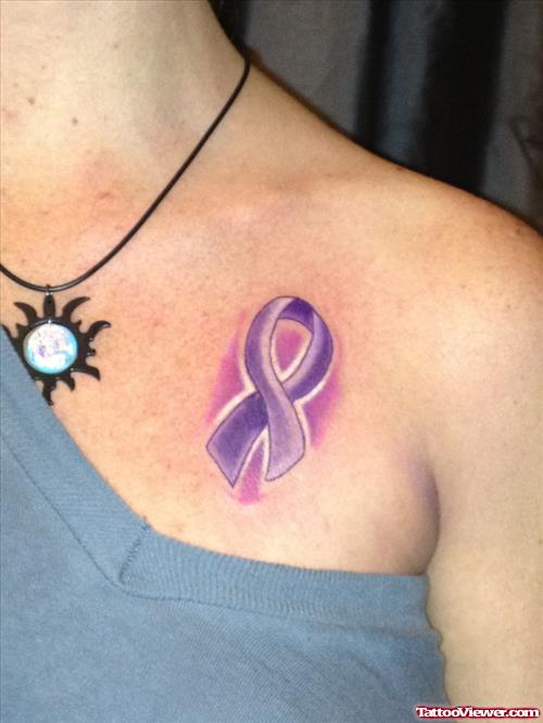 Purple Ribbon Cancer Sign Tattoo On Collarbone