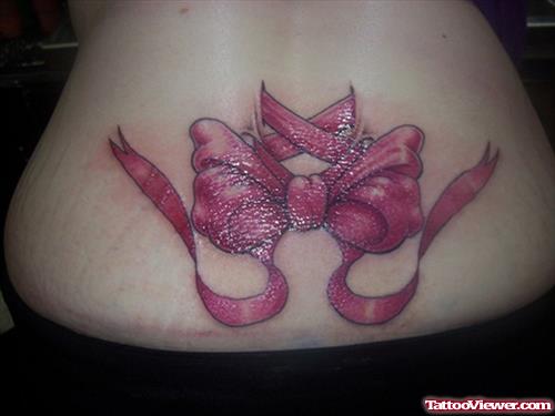 Pink Ribbon Breast Cancer Tattoo On Lowerback