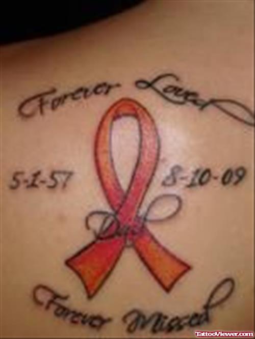 Memorial Ribbon Cancer Tattoo On Back