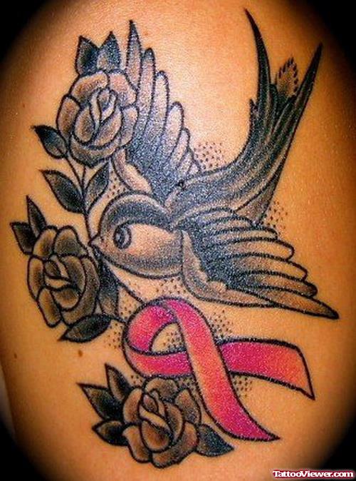 Grey Rose Flowers And Flying Bird Breast Cancer Tattoo
