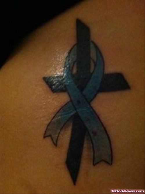 Black Cross And Blue Ribbon Cancer Tattoo