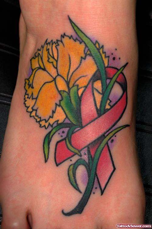 Yellow Flower And Ribbon Cancer Tattoo