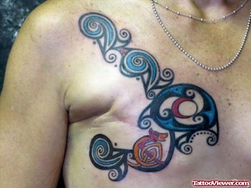 Tribal Cancer Tattoo On Man Chest