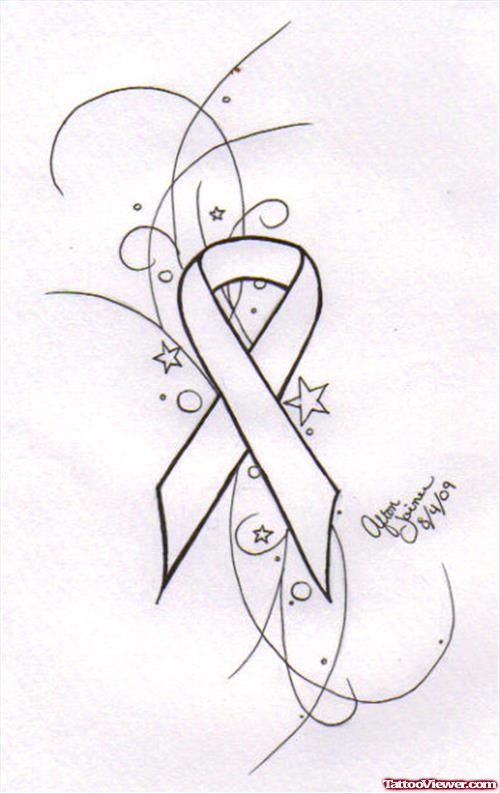 Stars And Ribbon Cancer Tattoo Design