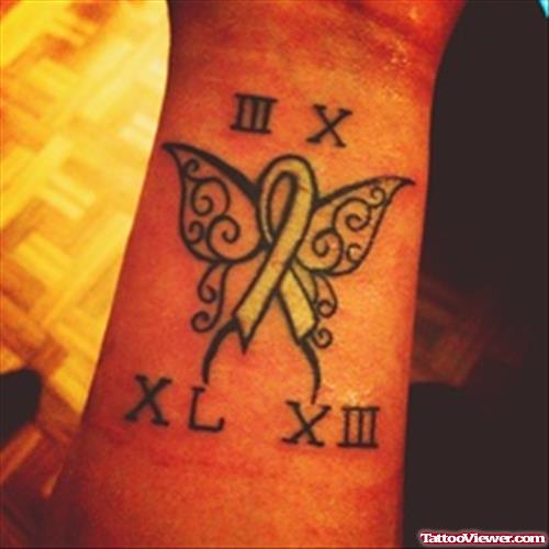 Roman Numerals And Butterfly Cancer Tattoo On Left Forearm