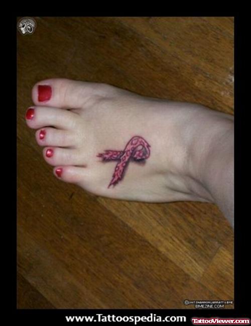 Beautiful Pink Ribbon Breast Cancer Tattoo On Left Foot