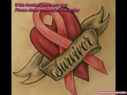 Survivor Banner And Red Ribbon Cancer Tattoo