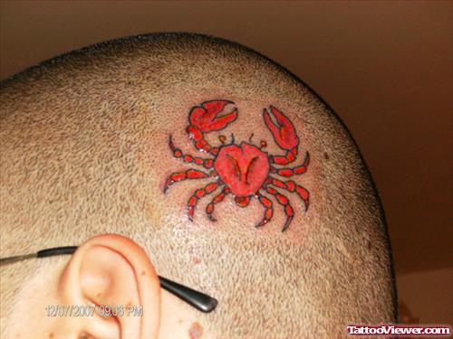 Red Ink Crab Zodiac Cancer Tattoo On Head