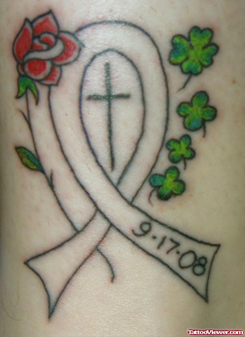 Red Rose, Clover Leafs And Memorial Cancer Tattoo