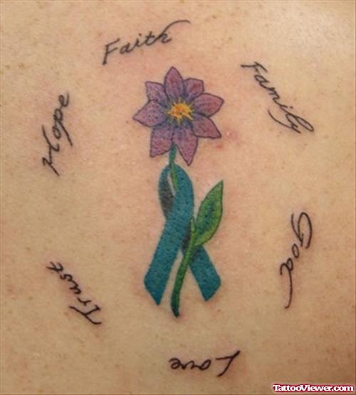 Purple Flower And Ribbon Cancer Tattoo