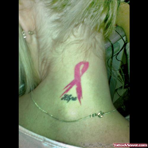 Pink Ribbon Cancer Tattoo On Back Neck