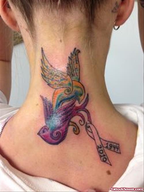 Colored Flying Birds And Ribbon Cancer Tattoo