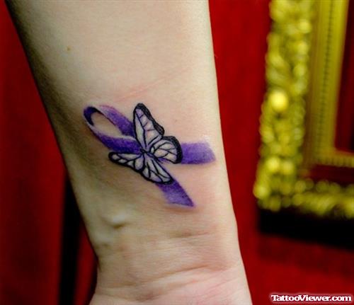 Butterfly And Purple Ribbon Cancer Tattoo
