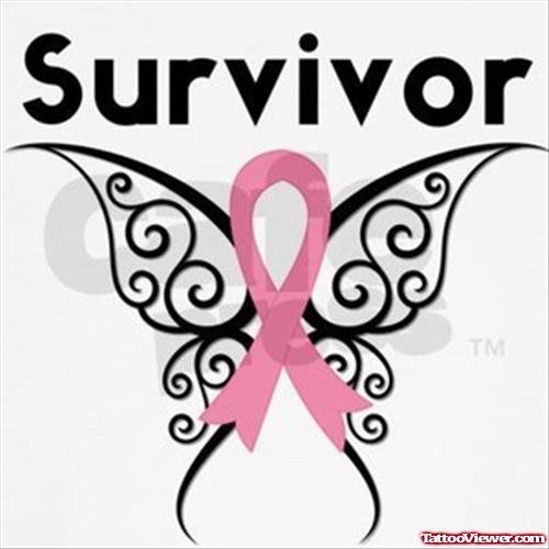 Survivor Butterfly Ribbon Cancer Tattoo Design