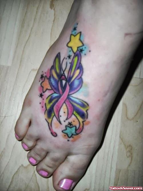Stars And Butterfly Colon Cancer Tattoo On Foot