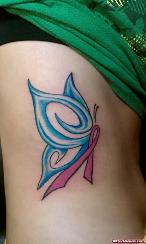 Rib Side Butterfly Cancer Tattoo For Girls