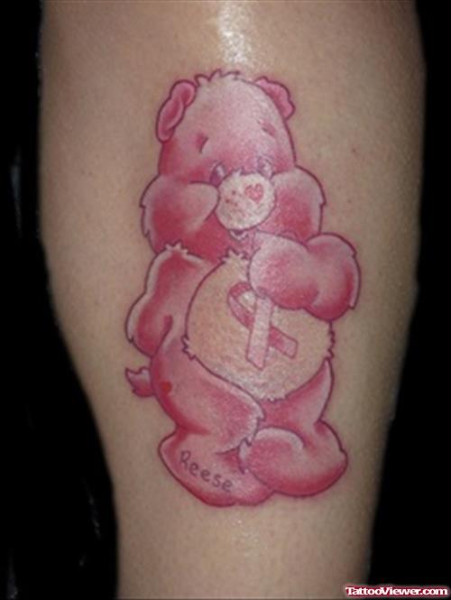 Pink Teddy And Ribbon Cancer Tattoo