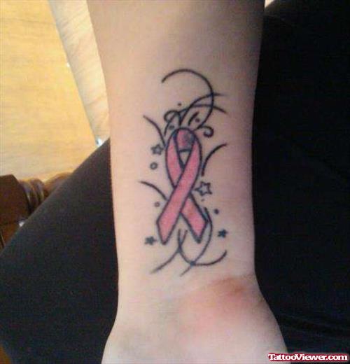 Pink Ribbon Cancer Tattoo On Forearm