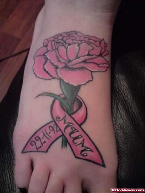 Pink Flower And Memorial Breast Cancer Tattoo On Right Foot