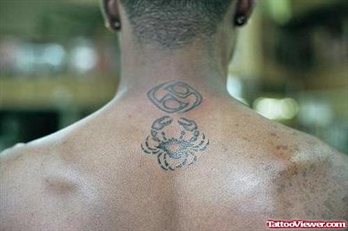 Crab And Cancer Tattoo On Upperback