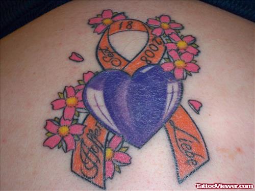 Cherry Blossom Flowers Purple Heart And Cancer Tattoo on Back