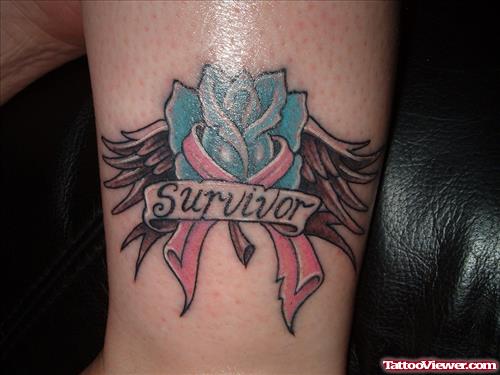 Blue Rose Flower And Cancer Survivor Tattoo