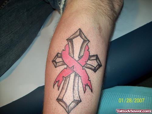 Amazing Grey Ink Cross And Pink Ribbon Cancer Tattoo