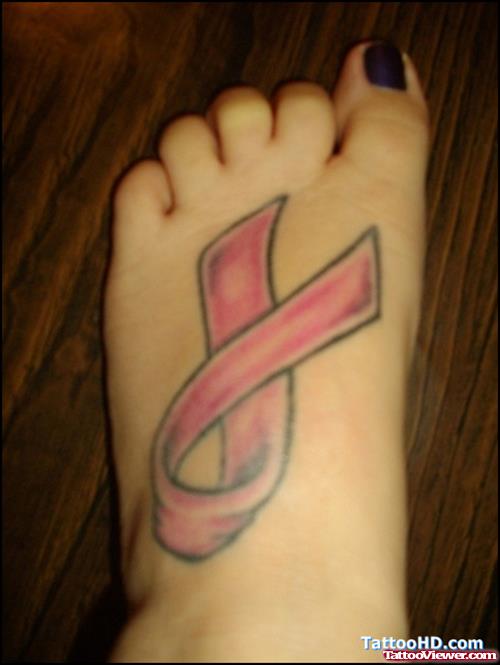 Pink Ribbon Breast Cancer Tattoo On Left Foot
