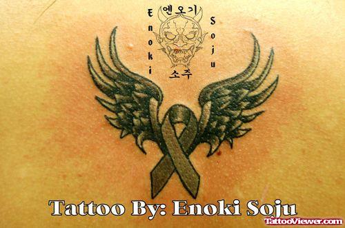 Grey Ink Winged Ribbon Brain Cancer Tattoo