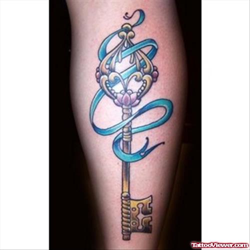 Color Ink Key And Blue Cancer Ribbon Tattoo
