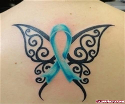 Black Tribal And Blue Ribbon Cancer Tattoo On Back