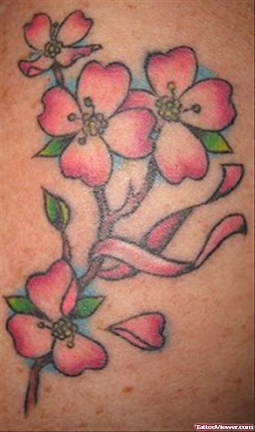 Pink Flowers And Ribbon Breast Cancer Tattoo
