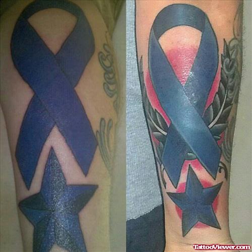 Nautical Stars And Ribbon Cancer Tattoo