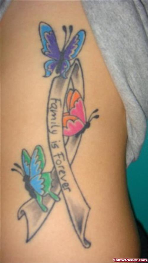 Colored Butterflies And Ribbon Cancer Tattoo On Side Rib