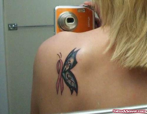 Breast Cancer Butterfly Tattoo On Back Shoulder