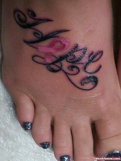 Hope ribbon Cancer Tattoo On Right Foot