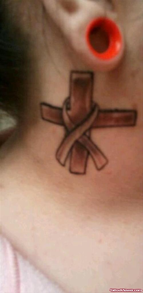 Grey Ink Cross And Ribbon Cancer Tattoo On Neck