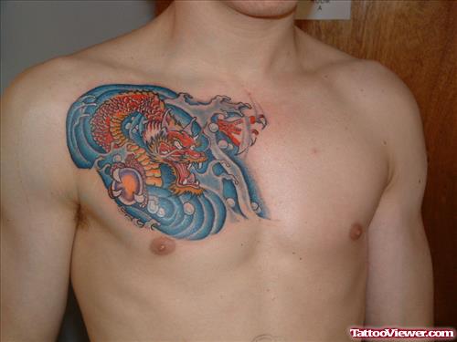 Dragon And Cancer Tattoo On Man Chest