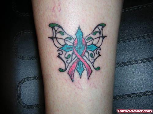 Butterfly With Cross And Ribbon Breast Cancer Tattoo