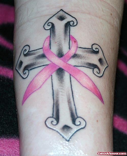 Beautiful Grey Ink Cross And Pink Ribbon Cancer Tattoo