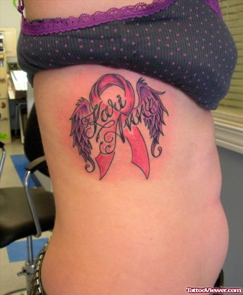 Angel Winged Ribbon Cancer Tattoo On Side Rib