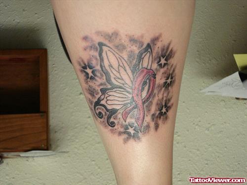 Butterfly Winged Ribbon Breast Cancer Tattoo