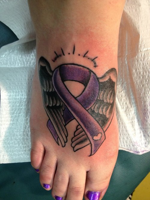 Winged Ribbon Cancer Tattoo On Right Foot