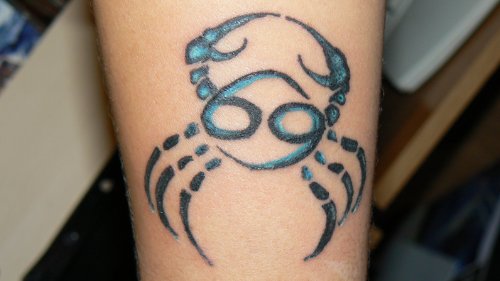 Blue Ink Cancer Zodiac Tattoo