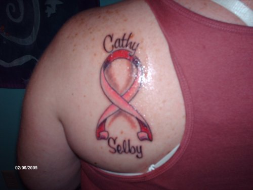 Cathy Selby Breast Cancer Tattoo On Back Shoulder