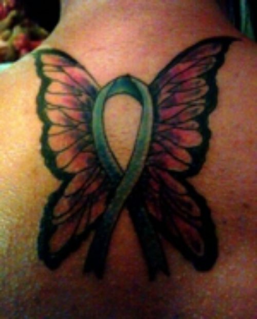Butterfly Wings Ribbon Cancer Tattoo On Back