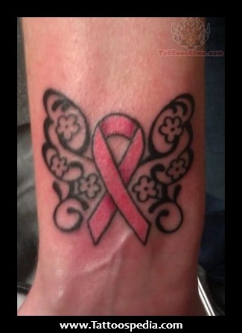 Pink Ribbon Butterfly Cancer Tattoo On Arm