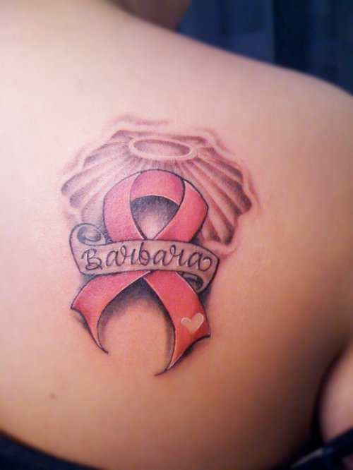 Angel Winged Pink Ribbon Cancer Tattoo On Right Back Shoulder